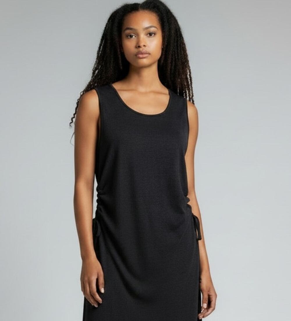 Theory Black Linen Blend Midi Double Layer Dress S Side Ruched Drawstring